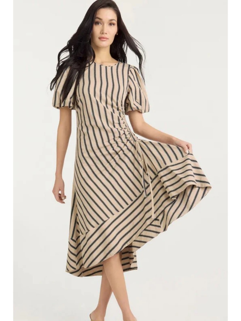 Cinq a Sept Striped Puff-Sleeve Midi Dress in Beige and Black